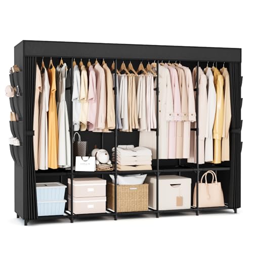BrFoYu Portable Closet Storage, Portable Wardrobe Closet Organizer Clothes Rack wtih Cover, Hanging Rod, Storage Shelves and Side Pockets, Large Portable Closets for Hanging Clothes, Black - Image 1