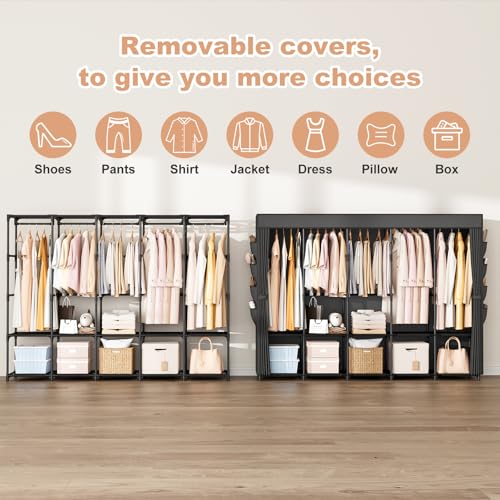 BrFoYu Portable Closet Storage, Portable Wardrobe Closet Organizer Clothes Rack wtih Cover, Hanging Rod, Storage Shelves and Side Pockets, Large Portable Closets for Hanging Clothes, Black - Image 5