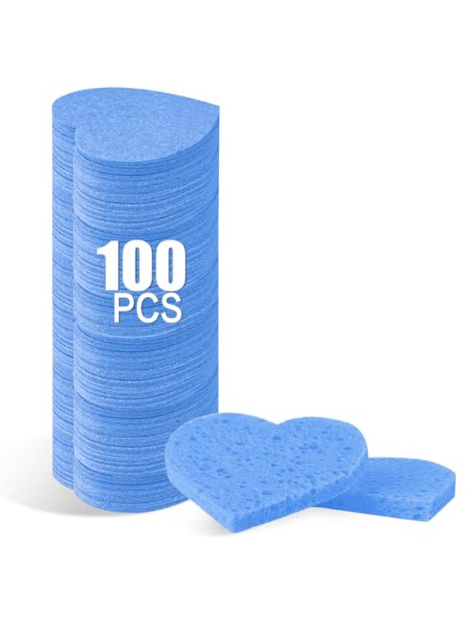 Spunspon 100Count Compressed Facial Sponges for Estheticians Heart Shape Natural Cellulose Sponge Professional Cosmetic Spa Sponges for Face Cleansing Massage Pore Exfoliating Mask Makeup Removal Blue - Image 1