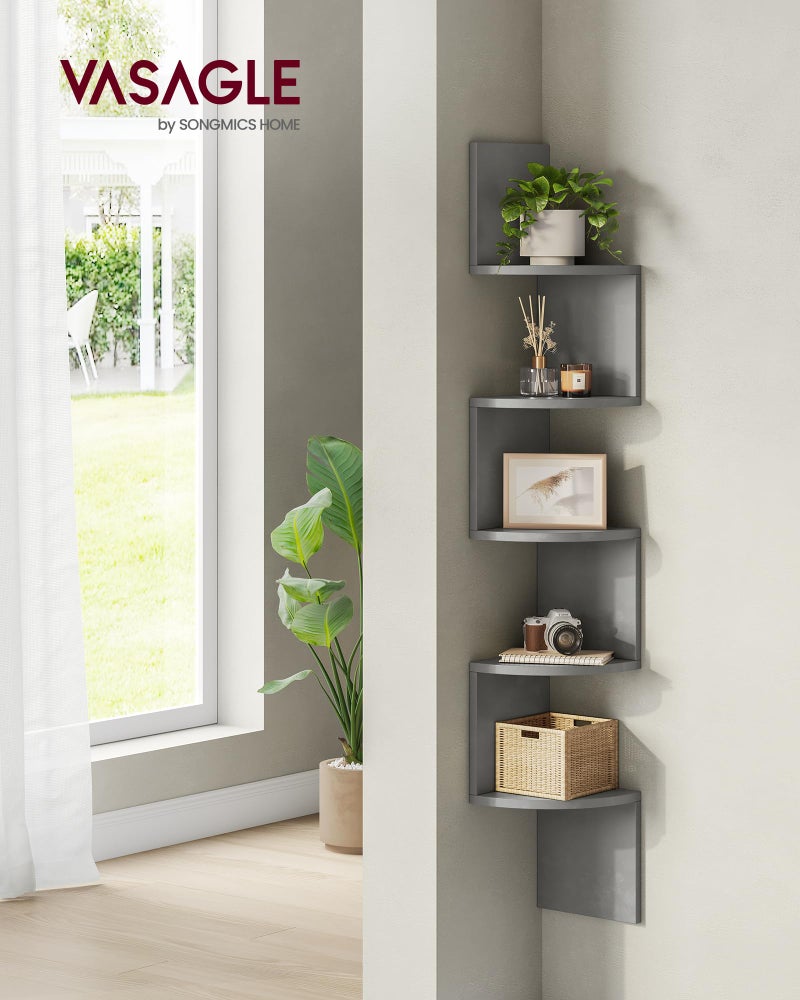 VASAGLE Corner Shelf Wall Mount, 5-Tier Floating Corner Bookshelf, Plant Shelf for Bedroom, Living Room, Bathroom, Home Office, Dove Gray - Image 2
