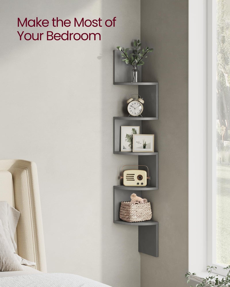 VASAGLE Corner Shelf Wall Mount, 5-Tier Floating Corner Bookshelf, Plant Shelf for Bedroom, Living Room, Bathroom, Home Office, Dove Gray - Image 3