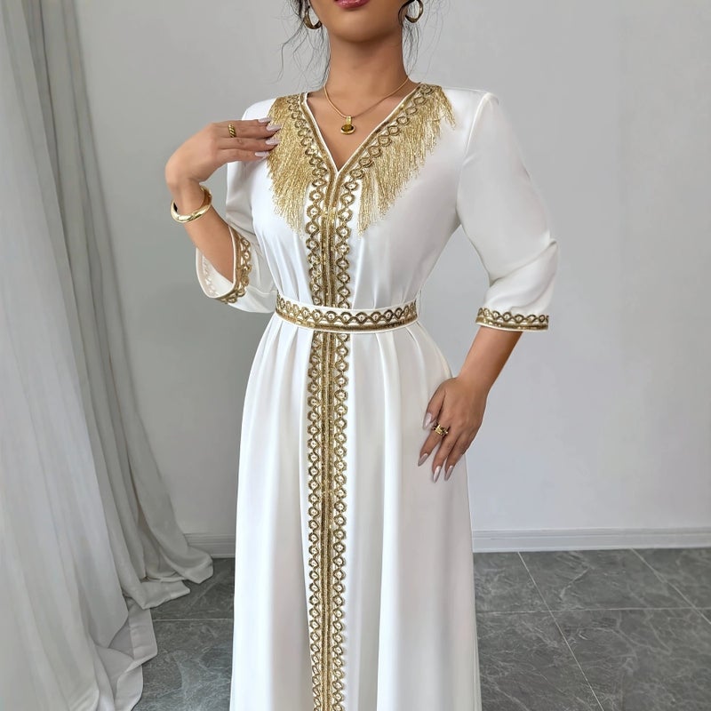 فستان نسائي أنيق بشراريب ودانتيل وياقة V وأكمام طويلة - Image 1
