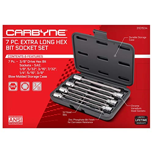 CARBYNE 7-Piece SAE Extra Long Hex (Allen) Bit Socket Set, 1/8 in. - 3/8 in. Sizes, 3/8 in. Drive, S2 Steel Bits, CrV Sockets • From a Family-Run Tool Company Based in the U.S.A. - Image 3