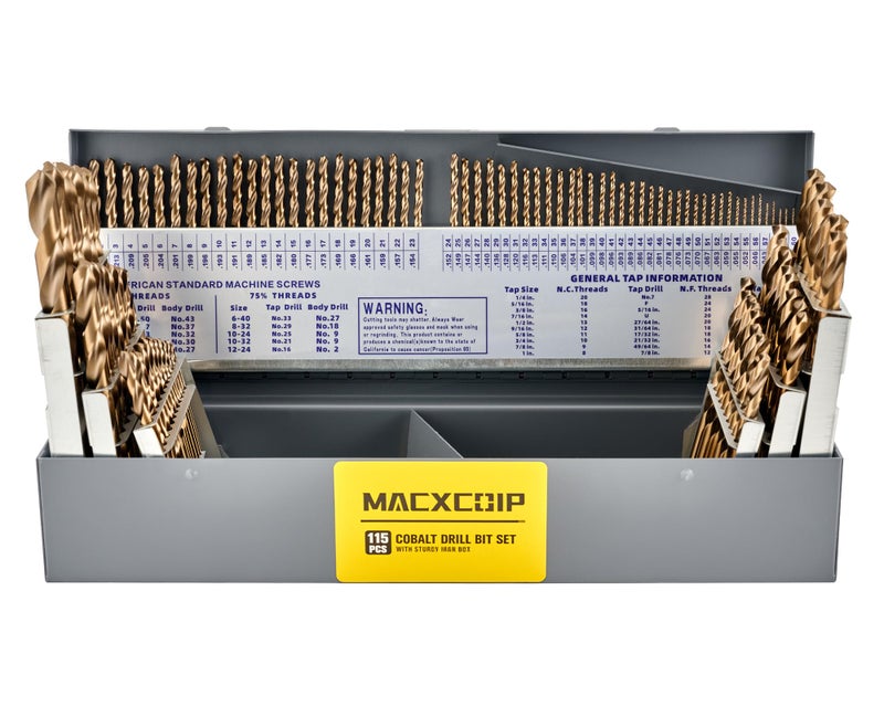 MACXCOIP 115Pcs Cobalt Drill Bit Set, M35 High Speed Steel Bits for Hardened Metals, Stainless Steel, Cast Iron and Wooden Plastics, with Sturdy Iron Box - Image 1