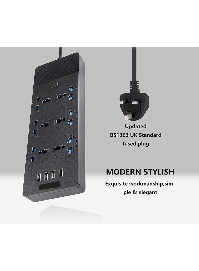 Universal Power Strips Extension Lead Outlets All In One Wall Plug Adapter With 4 3.1A USB Hub And 6 Gang Smart Electrical Sockets Surge Protection UK Plug Cable Cord For Home Office 2M/6.5Ft  - Image 5