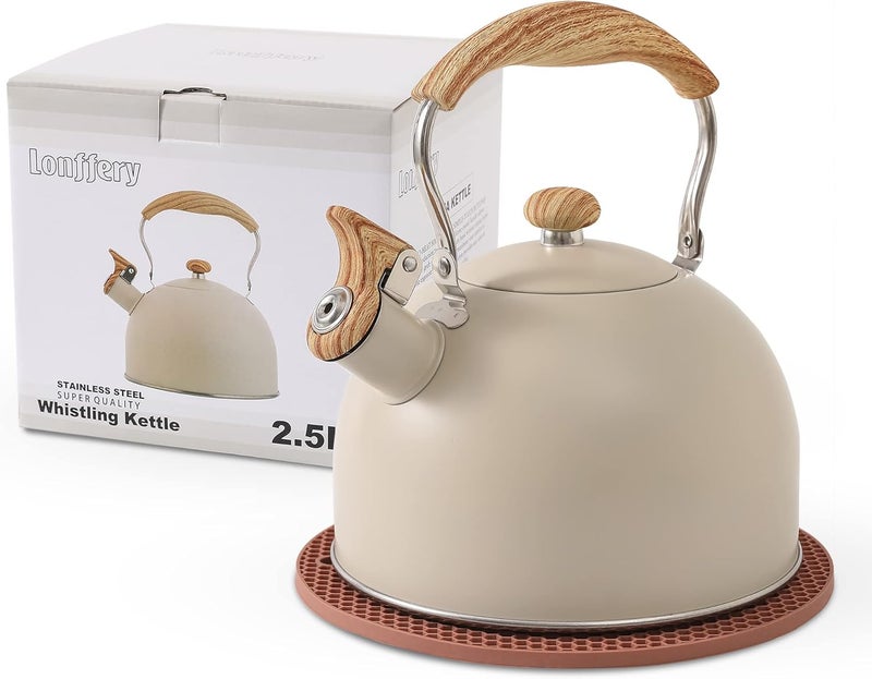 Lonffery Tea Kettle for Stove Top, 2.5 Quart Whistling Tea Kettle, with Food Grade Stainless Steel and Wood Pattern Folding Handle, Creamy White - Image 1