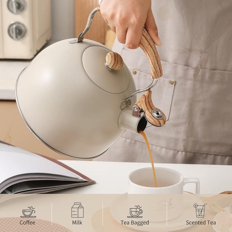Lonffery Tea Kettle for Stove Top, 2.5 Quart Whistling Tea Kettle, with Food Grade Stainless Steel and Wood Pattern Folding Handle, Creamy White - Image 4