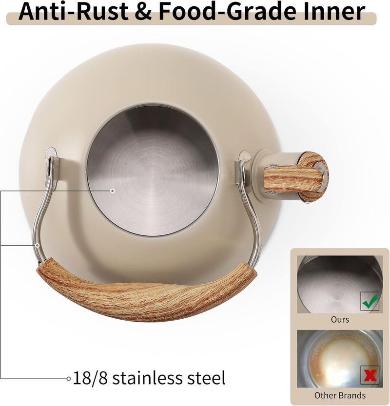 Lonffery Tea Kettle for Stove Top, 2.5 Quart Whistling Tea Kettle, with Food Grade Stainless Steel and Wood Pattern Folding Handle, Creamy White - Image 5