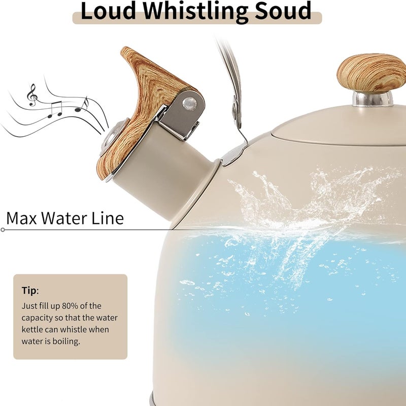Lonffery Tea Kettle for Stove Top, 2.5 Quart Whistling Tea Kettle, with Food Grade Stainless Steel and Wood Pattern Folding Handle, Creamy White - Image 2