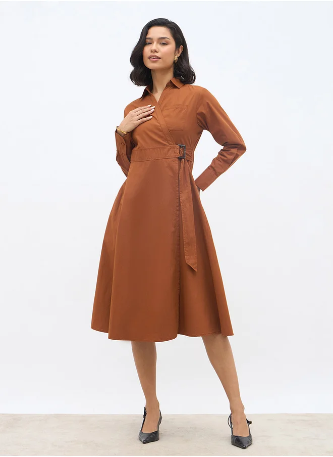 ستايلي Styli Women Brown Solid Long Sleeve Wrap Midi Dress with Belt Detail