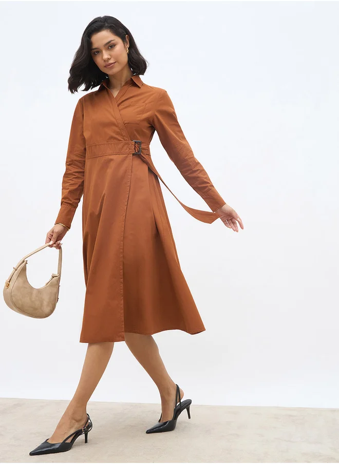 ستايلي Styli Women Brown Solid Long Sleeve Wrap Midi Dress with Belt Detail
