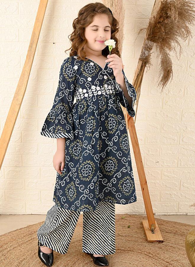 LILPICKS Navy Blue Kurta Set Straight Fit made from Cotton featuring Self Design design and Round Neck neckline - Perfect for Festive! - Image 1