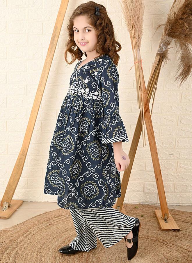 LILPICKS Navy Blue Kurta Set Straight Fit made from Cotton featuring Self Design design and Round Neck neckline - Perfect for Festive! - Image 3