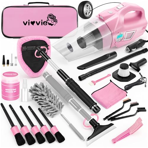 Vioview Pink Car Cleaning Kit, 25Pcs Detailing Kit Interior with 4-in-1 Power Handheld Vacuum Cleaner, Detailing Brush Set, 2-in-1 Windshield Cleaner Tool, Car Accessories for Cleaning, Gift for Women - Image 1