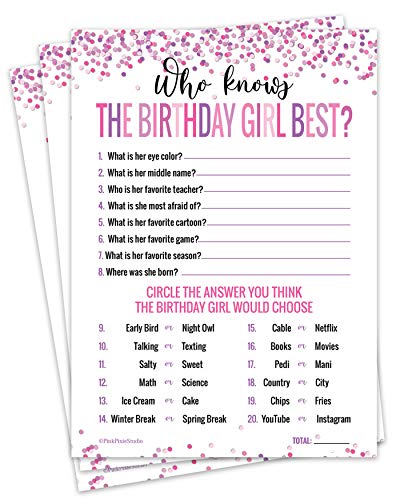 Pink Pixie Studio 30 Who Knows The Birthday Girl Best Game Cards for Child or Teen Fun and Easy Game for Party or Sleepover Girl Birthday Supplies Activity Decorations - Image 1