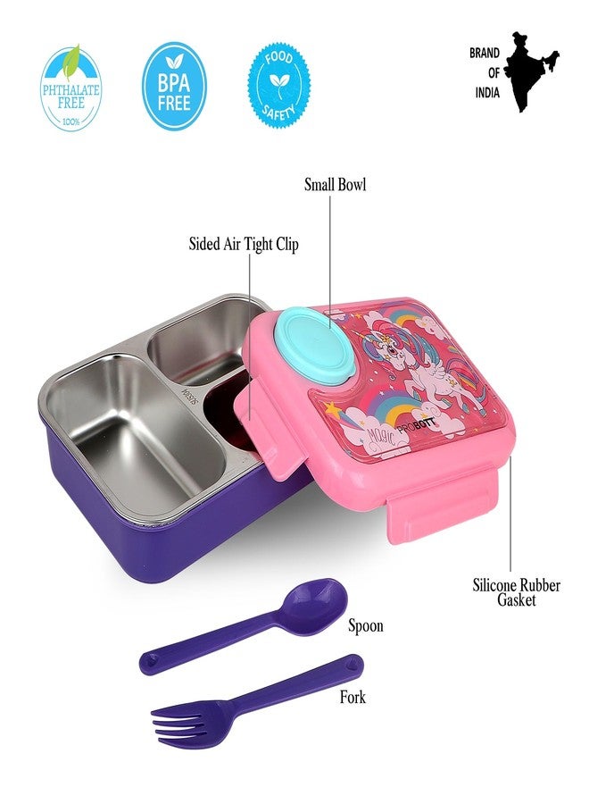 PROBOTT Fun Time 750 ml Stainless Steel Lunch Box for Kids Women Office Use, 3 Grid 80ml Bowl Tiffin Box, Character Lid PP Material Perfect for School, Office, Travel, Picnic | Aqua Blue + Green - Image 2