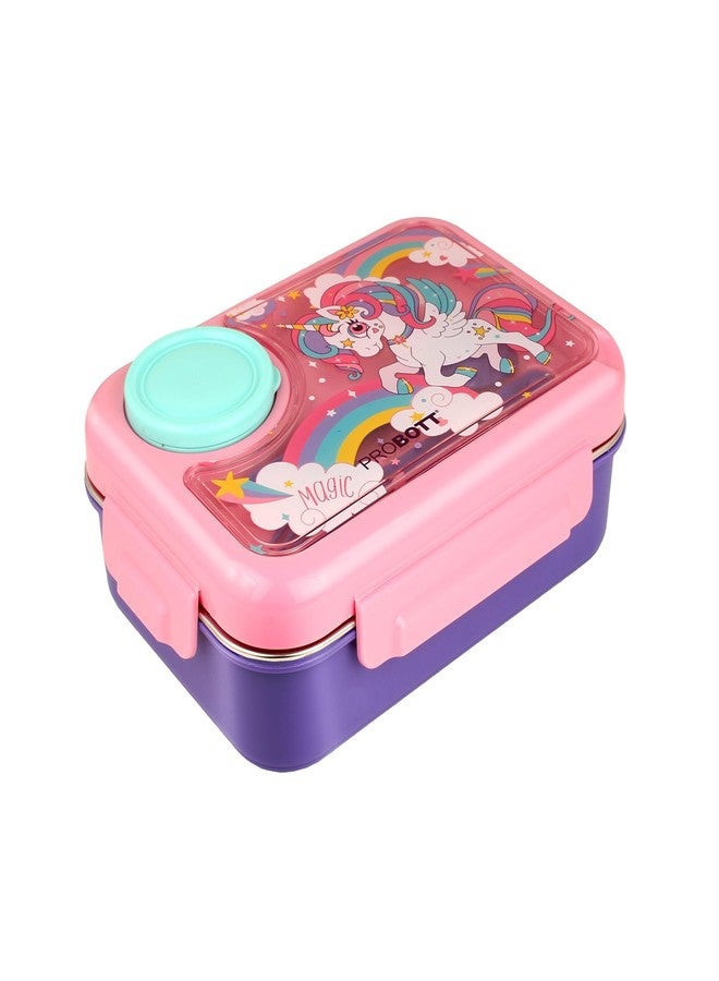 PROBOTT Fun Time 750 ml Stainless Steel Lunch Box for Kids Women Office Use, 3 Grid 80ml Bowl Tiffin Box, Character Lid PP Material Perfect for School, Office, Travel, Picnic | Aqua Blue + Green - Image 5