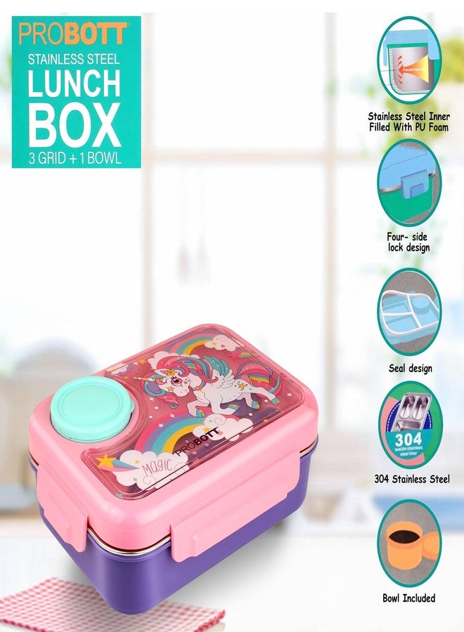 PROBOTT Fun Time 750 ml Stainless Steel Lunch Box for Kids Women Office Use, 3 Grid 80ml Bowl Tiffin Box, Character Lid PP Material Perfect for School, Office, Travel, Picnic | Aqua Blue + Green - Image 3