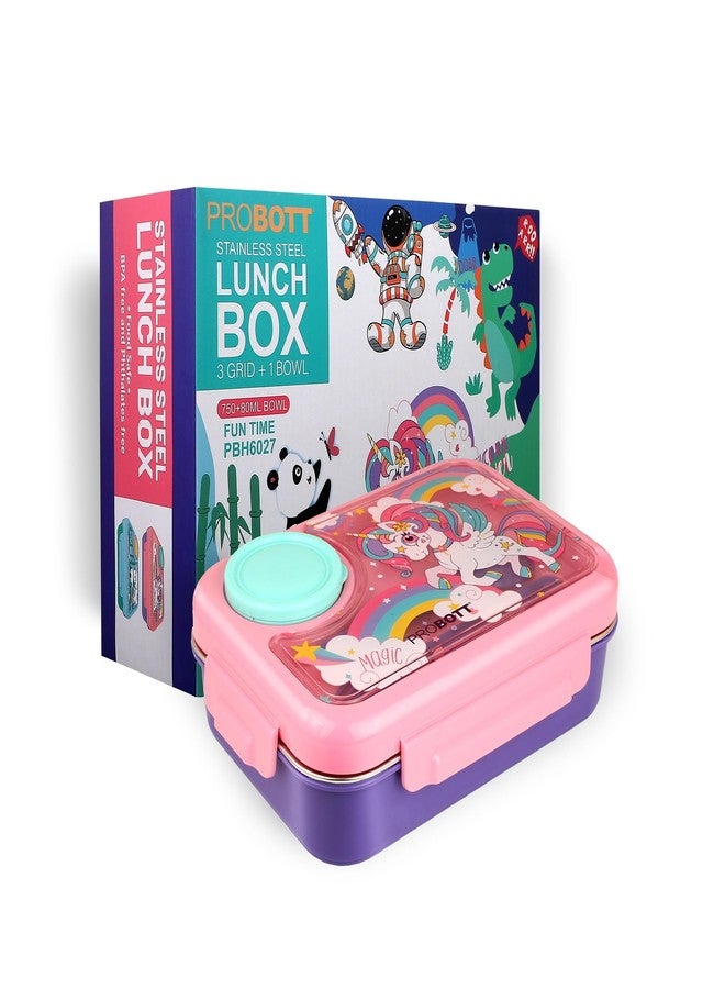 PROBOTT Fun Time 750 ml Stainless Steel Lunch Box for Kids Women Office Use, 3 Grid 80ml Bowl Tiffin Box, Character Lid PP Material Perfect for School, Office, Travel, Picnic | Aqua Blue + Green - Image 1