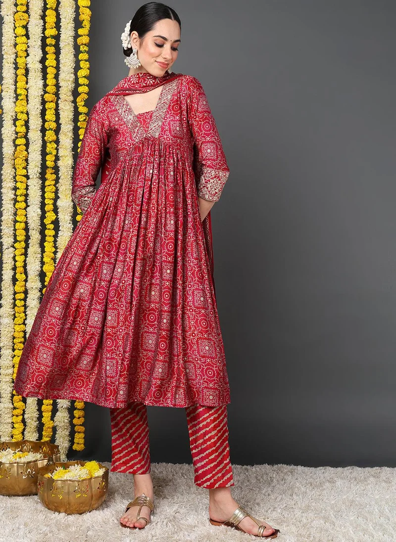 Maroon Ethnic Motifs Printed Flared Kurta Trouser With Dupatta