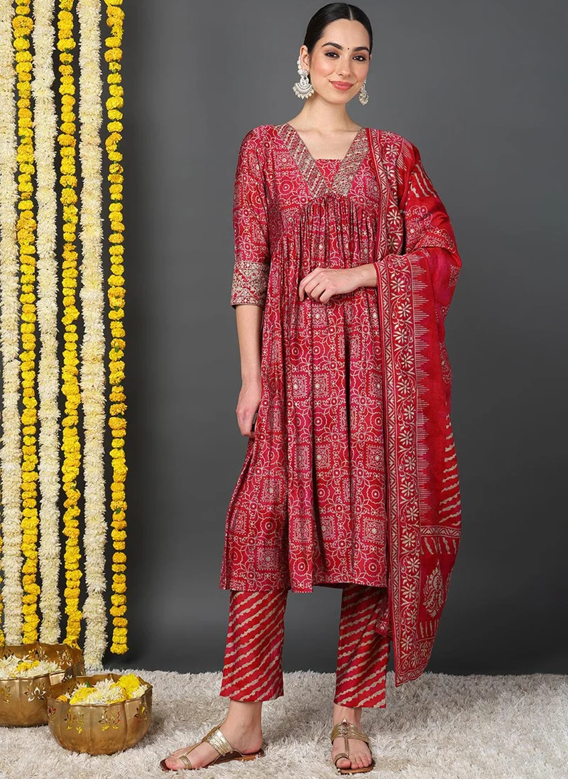 ZERESOUQ Maroon Ethnic Motifs Printed Flared Kurta Trouser With Dupatta