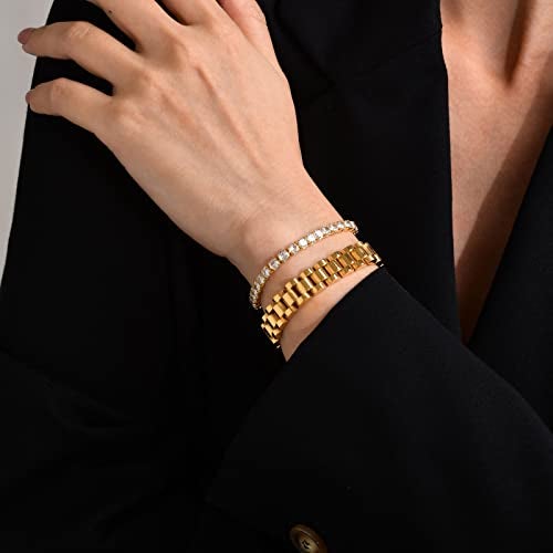 MPRAINBOW سوار سلسلة رابط 18 قيراط مطلي بالذهب 2 قطعة، أساور صداقة من الفولاذ المقاوم للصدأ مع كريستال، مجوهرات سوار مع أداة ضبط، - Image 4