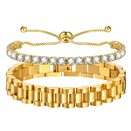 MPRAINBOW سوار سلسلة رابط 18 قيراط مطلي بالذهب 2 قطعة، أساور صداقة من الفولاذ المقاوم للصدأ مع كريستال، مجوهرات سوار مع أداة ضبط، - Image 1