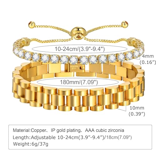MPRAINBOW سوار سلسلة رابط 18 قيراط مطلي بالذهب 2 قطعة، أساور صداقة من الفولاذ المقاوم للصدأ مع كريستال، مجوهرات سوار مع أداة ضبط، - Image 3