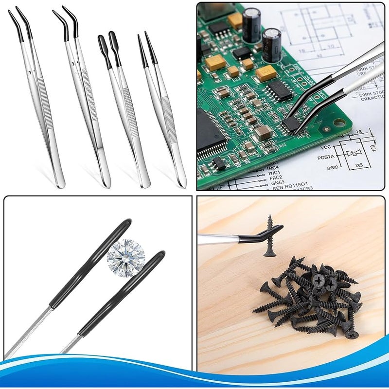 4 PCS Tweezers with Rubber Tips, PVC Coated Tweezers for Crafting, Straight Flat Tip Long Bent Precision Tweezer Set for Crafts, Stamps, Beads, Jewelry, Lab Work - Image 4