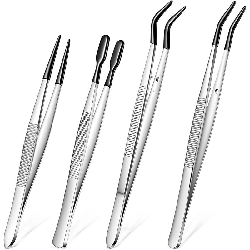 4 PCS Tweezers with Rubber Tips, PVC Coated Tweezers for Crafting, Straight Flat Tip Long Bent Precision Tweezer Set for Crafts, Stamps, Beads, Jewelry, Lab Work - Image 1