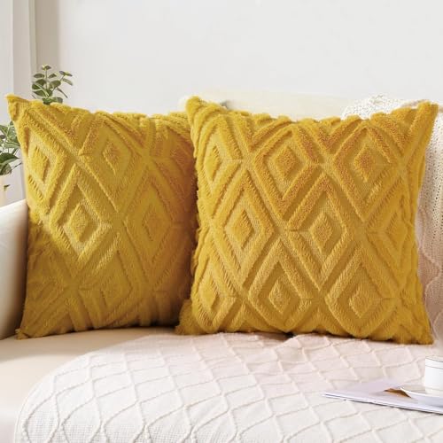 Pallene Soft Faux Fur Throw Pillow Covers 16x16 Set of 2  Plush Wool Decorative Couch Pillow Covers for Sofa Bed Living Room  with 3D Diamond Pattern  Mustard Yellow