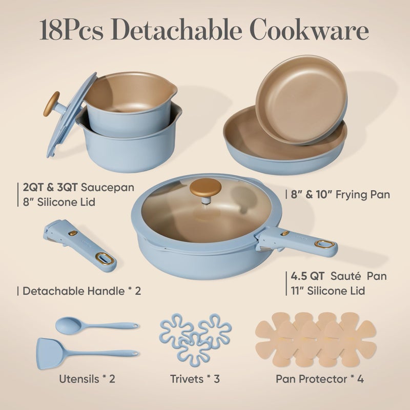 CAROTE 18Pcs Titanium Reinforced Nonstick Pots and Pans Set, Nonstick Cookware Set with Detachable Handle, Induction Kitchen Cookware Sets Removable Handles, Dishwasher Safe, Oven Safe, Blue - Image 3