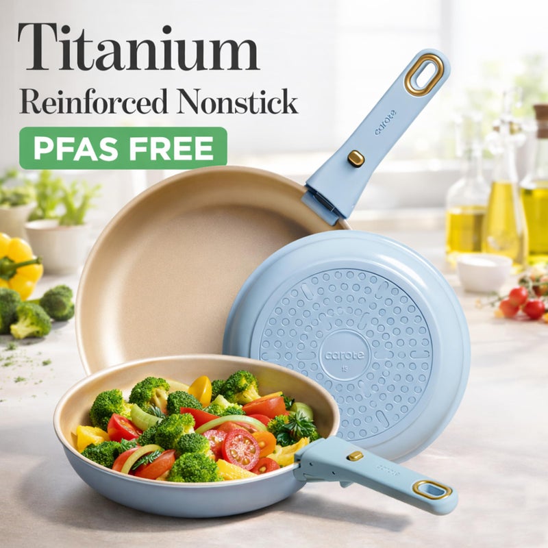 CAROTE 18Pcs Titanium Reinforced Nonstick Pots and Pans Set, Nonstick Cookware Set with Detachable Handle, Induction Kitchen Cookware Sets Removable Handles, Dishwasher Safe, Oven Safe, Blue - Image 2