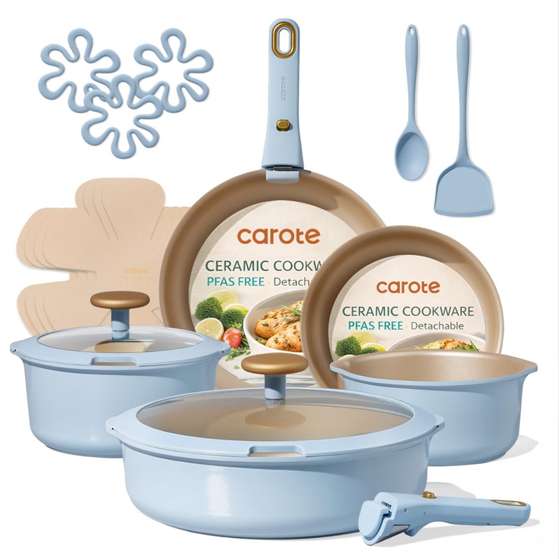 CAROTE 18Pcs Titanium Reinforced Nonstick Pots and Pans Set, Nonstick Cookware Set with Detachable Handle, Induction Kitchen Cookware Sets Removable Handles, Dishwasher Safe, Oven Safe, Blue - Image 1