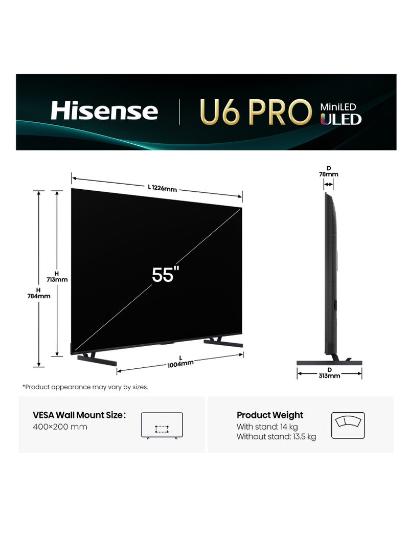 هايسنس Hisense 55 Inch U6 Pro ULED MiniLED 4K VIDAA Smart TV, 144 Hz, , AI Engine, Builtin Subwoofer (55U6Q-PRO) 55U6Q-PRO Black - Image 3