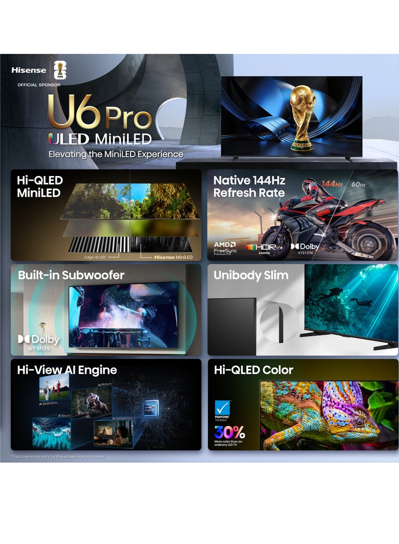 هايسنس Hisense 55 Inch U6 Pro ULED MiniLED 4K VIDAA Smart TV, 144 Hz, , AI Engine, Builtin Subwoofer (55U6Q-PRO) 55U6Q-PRO Black - Image 2