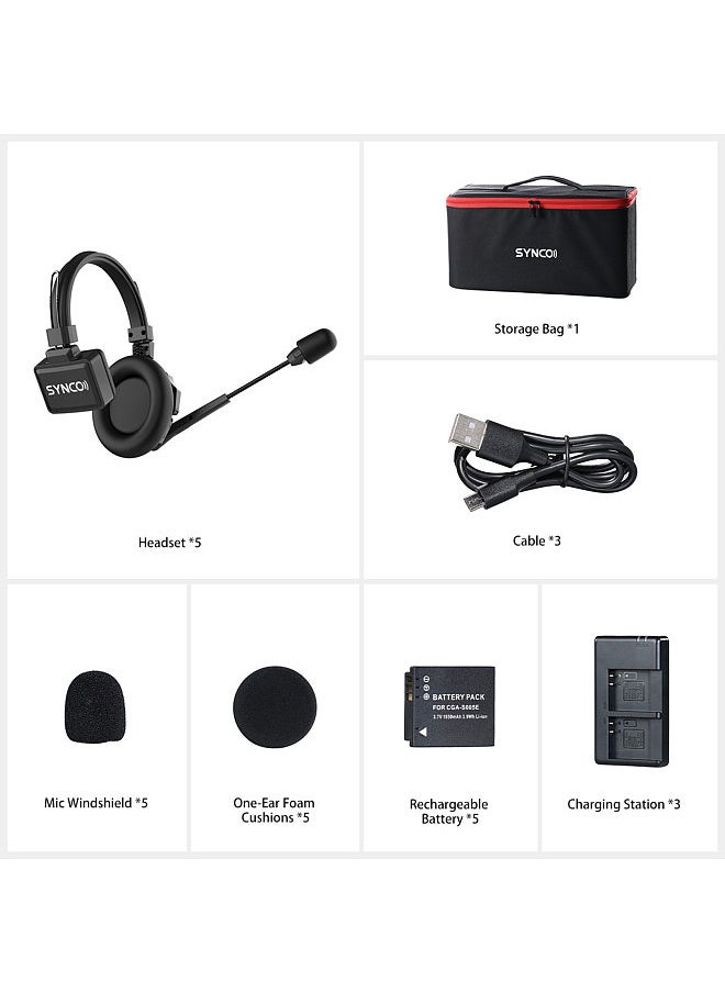 Xtalk X5 5-Person Wireless Intercom Headset System 2.4G Wireless Headset with Microphone Built-in Battery 350M/1148ft Transmission 3.5mm Real-time Monitoring