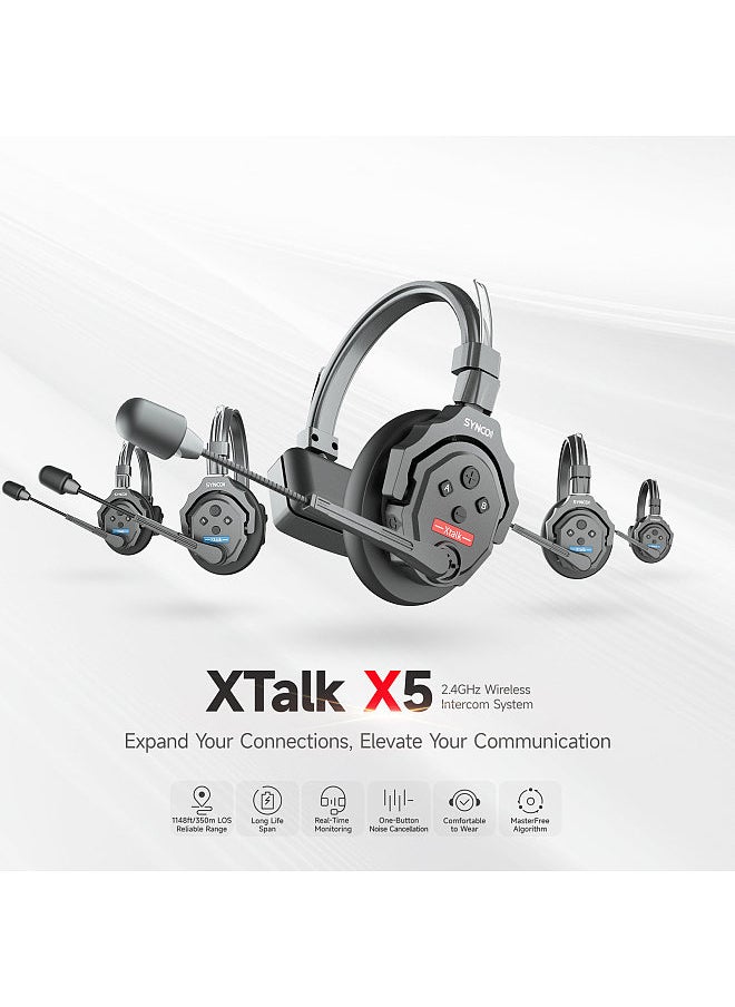 Xtalk X5 5-Person Wireless Intercom Headset System 2.4G Wireless Headset with Microphone Built-in Battery 350M/1148ft Transmission 3.5mm Real-time Monitoring