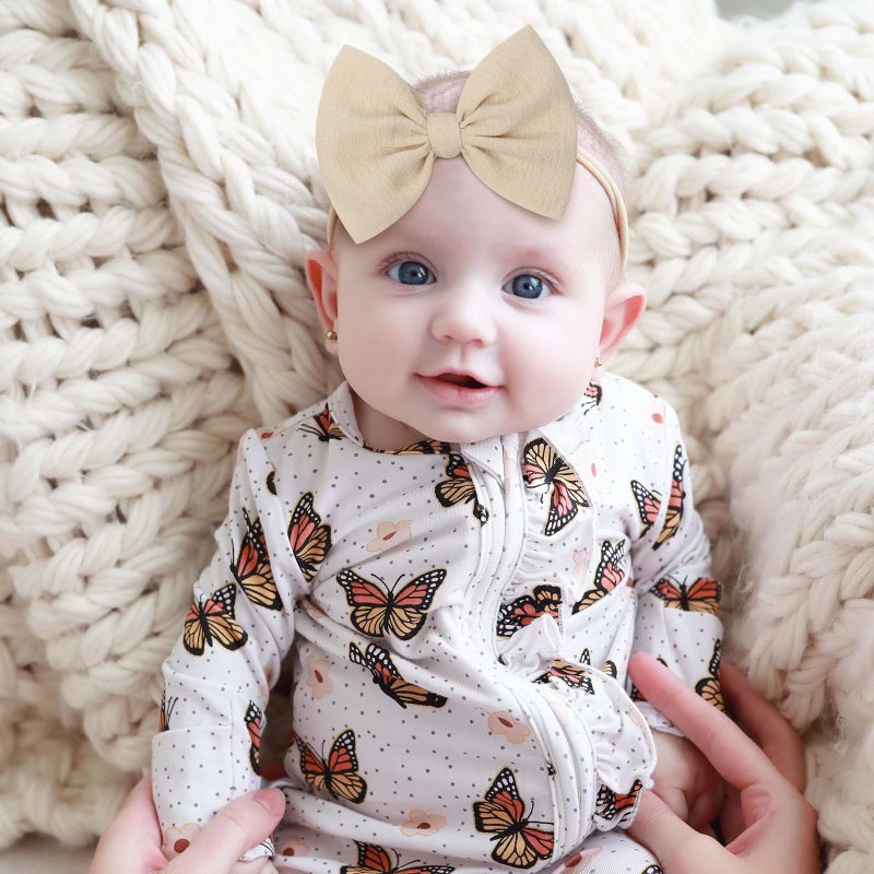 YanJie Baby Girls 4.5" Nylon Headbands, Handmade Hair Bows Hairbands Hair Accessories for Newborn Infant Toddlers Kids, 3 Pieces, Light Pink/White/Beige - Image 2