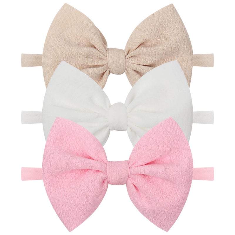 YanJie Baby Girls 4.5" Nylon Headbands, Handmade Hair Bows Hairbands Hair Accessories for Newborn Infant Toddlers Kids, 3 Pieces, Light Pink/White/Beige - Image 1