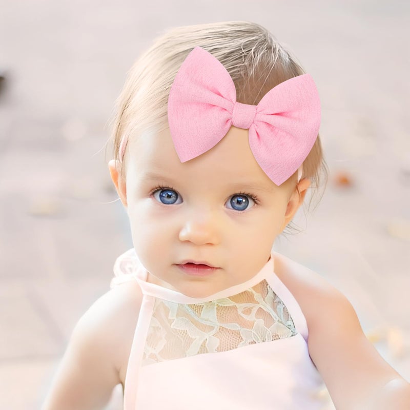 YanJie Baby Girls 4.5" Nylon Headbands, Handmade Hair Bows Hairbands Hair Accessories for Newborn Infant Toddlers Kids, 3 Pieces, Light Pink/White/Beige - Image 3