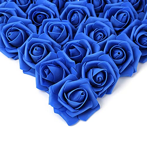 IPOPU Artificial Flowers Roses Heads, 100 Pcs Faux Flowers Real Looking Blue Foam Fake Roses for DIY Crafts Wedding Bouquets Arrangements Party Home Decorations (Royal Blue) - Image 1