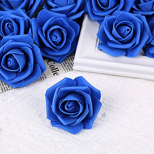 IPOPU Artificial Flowers Roses Heads, 100 Pcs Faux Flowers Real Looking Blue Foam Fake Roses for DIY Crafts Wedding Bouquets Arrangements Party Home Decorations (Royal Blue) - Image 2