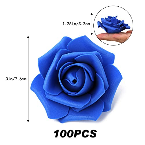IPOPU Artificial Flowers Roses Heads, 100 Pcs Faux Flowers Real Looking Blue Foam Fake Roses for DIY Crafts Wedding Bouquets Arrangements Party Home Decorations (Royal Blue) - Image 3