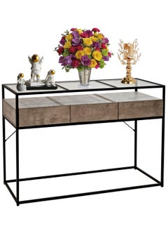 Living Console Table, Tempered Glass Table with Drawers and Rustic Shelf 120*38*82 CM  - Image 2