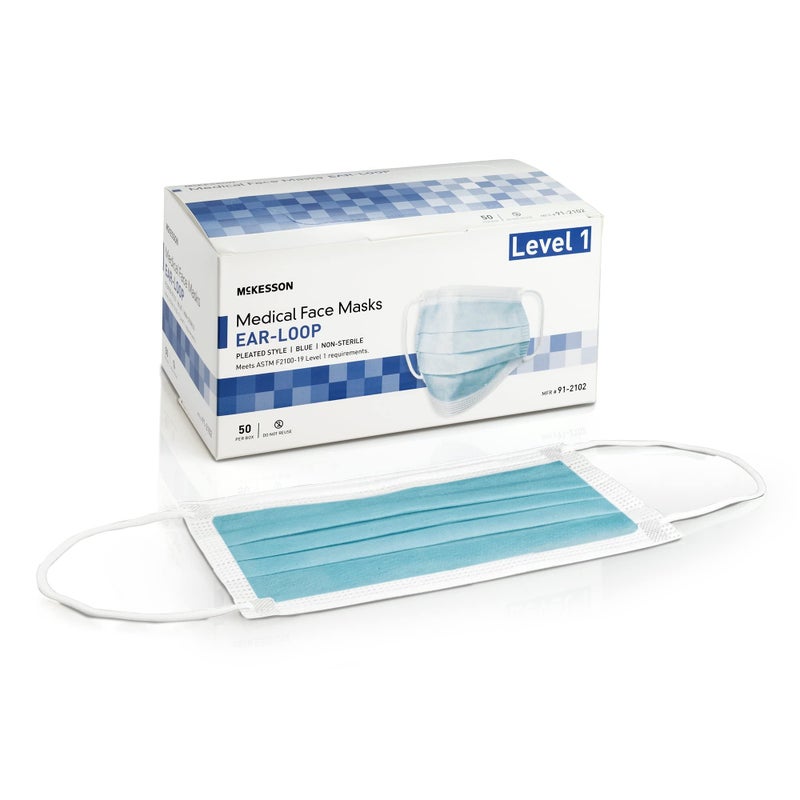 McKesson Medical Face Masks, Level 1 - Pleated with Ear Loops, Non-Sterile, Blue - One Size Fits Most Adults, 7 in x 3.75 in, 50 Count, 1 Pack - Image 1