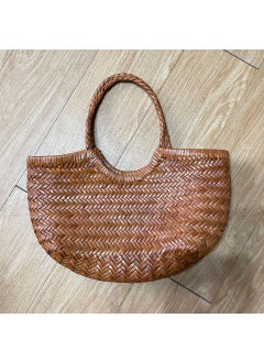 dragon diffusion head layer cow woven bag genuine leather French food basket bag ins Net red womens bag manufacturers Yellowish Brown (small)