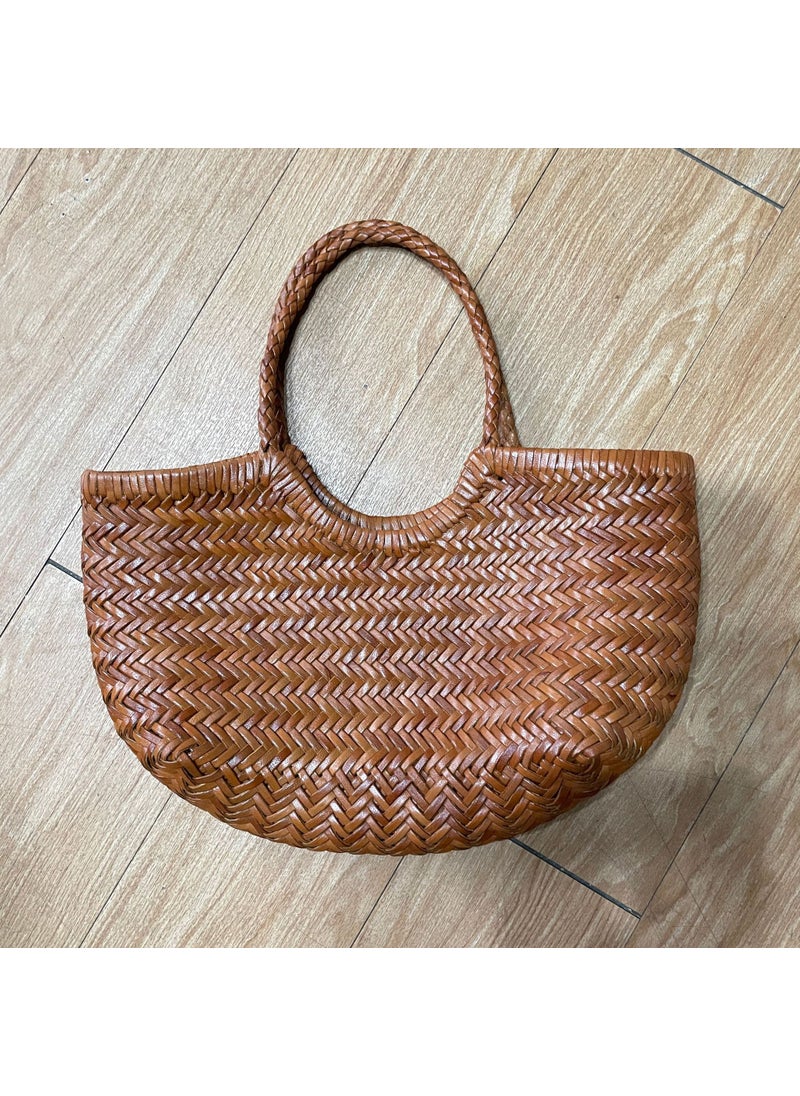 Generic - dragon diffusion head layer cow woven bag genuine leather French food basket bag ins Net red womens bag manufacturers Yellowish Brown (small) - Image 1