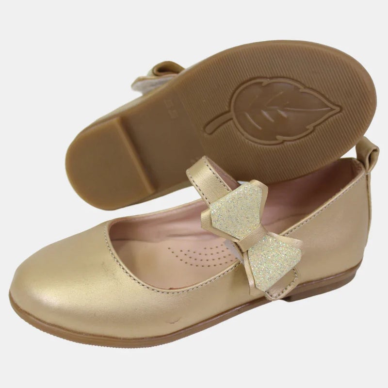 EASY Girls Leather Shoes – Gold with a Bow - Image 2