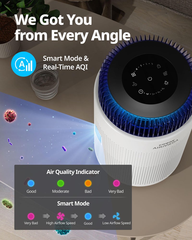 COWAY منقيات الهواء COWAY لغرفة النوم في المنزل حتى 810 قدم مربع، فلتر HEPA الحقيقي للدخان، الحساسية، وبر الحيوانات الأليفة، الروائح، مراقب جودة الهواء، وضع تلقائي ووضع النوم، مؤقت، مؤشر الفلتر، ضوء ليلي، ضمان 3 سنوات، أبيض 100 - Image 5